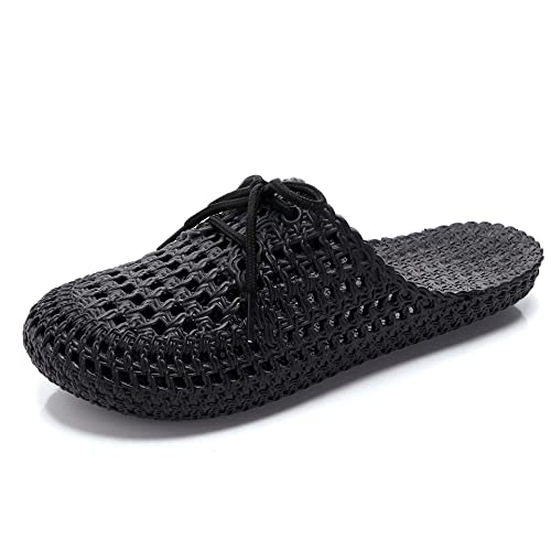 Damen Hausschuhe Atmungsaktiv Mesh Hausschuhe Sommer Hohl Latschen Badeschuhe Strand Slippers Flach Sohle Pantoffeln (Schwarz, numeric_41) von ShangSRS