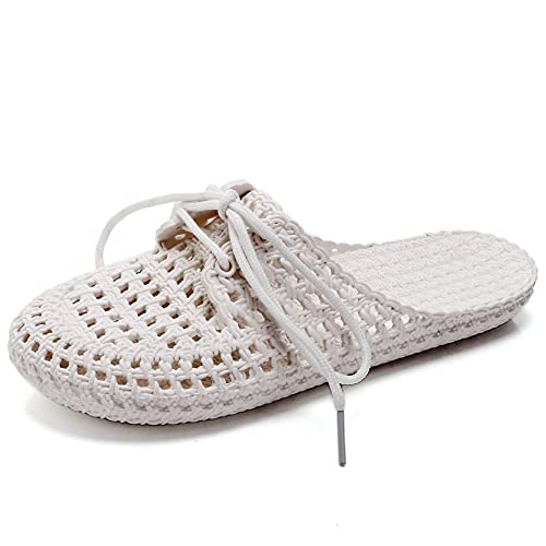 Damen Hausschuhe Atmungsaktiv Mesh Hausschuhe Sommer Hohl Latschen Badeschuhe Strand Slippers Flach Sohle Pantoffeln (Weiß, numeric_40) von ShangSRS