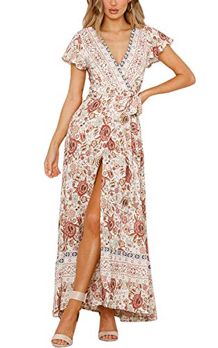 Damen Kleider Boho Sommerkleid V-Ausschnitt Maxikleid Kurzarm Strandkleid Lang mit Schlitz (Beige, XXL) von ShangSRS