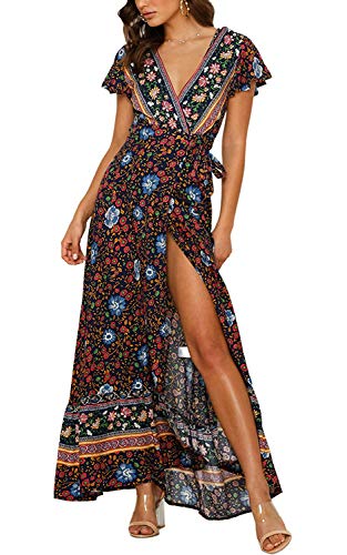 Damen Kleider Boho Sommerkleid V-Ausschnitt Maxikleid Kurzarm Strandkleid Lang mit Schlitz (Blau, XXL) von ShangSRS