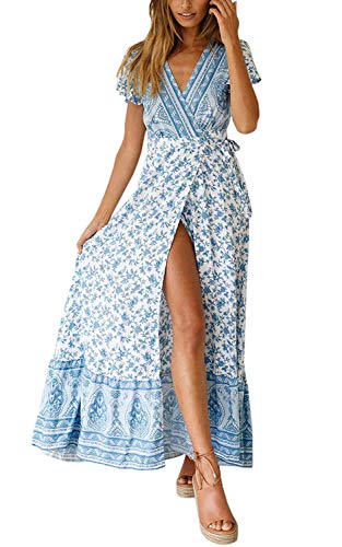Damen Kleider Boho Sommerkleid V-Ausschnitt Maxikleid Kurzarm Strandkleid Lang mit Schlitz (Himmelblau, XXL) von ShangSRS