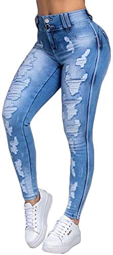 Damen Skinny Stretch Jeans mit Risse Destroyed Look High Waist Jeanshose Röhrenjeans Skinny Slim Fit Stretch Boyfriend Jeans (Blau, 3XL) von ShangSRS