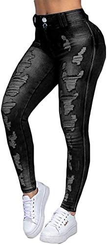 Damen Skinny Stretch Jeans mit Risse Destroyed Look High Waist Jeanshose Röhrenjeans Skinny Slim Fit Stretch Boyfriend Jeans (Schwarz, 4XL) von ShangSRS