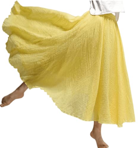 Damen Solide Vielseitige Leinen Langer Rock Elegant Elastische Taille A-Linie Maxirock Boho Strandrock Double Layer Sommer Großer Saum Langer Rock (as3, Alpha, s, Regular, Regular, Gelb) von ShangSRS