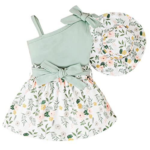 ShangSRS Baby Kleidung Mädchen Set 3 Stück Suspenders Ärmellos Bogen Einfarbig Top +Floral Rock+Floral Kappe Sommer Bekleidungssets (Grün, 2-3 Jahre) von ShangSRS