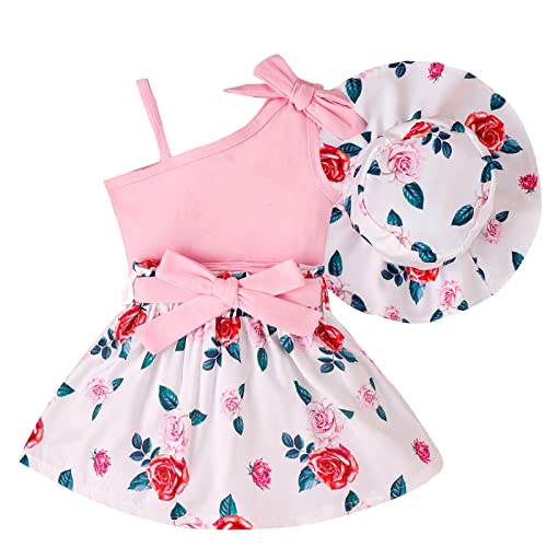 ShangSRS Baby Kleidung Mädchen Set 3 Stück Suspenders Ärmellos Bogen Einfarbig Top +Floral Rock+Floral Kappe Sommer Bekleidungssets (Rosa, 4-5 Jahre) von ShangSRS