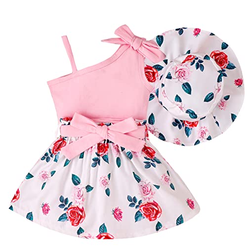 ShangSRS Baby Kleidung Mädchen Set 3 Stück Suspenders Ärmellos Bogen Einfarbig Top +Floral Rock+Floral Kappe Sommer Bekleidungssets (Rosa, 9-12 Monate) von ShangSRS