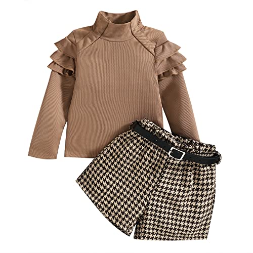 ShangSRS Baby Kleidung Mädchen Set Rüschen Hohem Ausschnitt Grubenstreifen Langarm Sweatshirt Tops+ Thousand Bird Check Shorts Kleidung Outfit (Kaffee, 3-4 Jahre alt) von ShangSRS