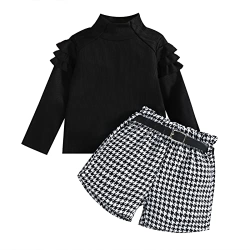 ShangSRS Baby Kleidung Mädchen Set Rüschen Hohem Ausschnitt Grubenstreifen Langarm Sweatshirt Tops+ Thousand Bird Check Shorts Kleidung Outfit (Schwarz, 18-24 Monate) von ShangSRS