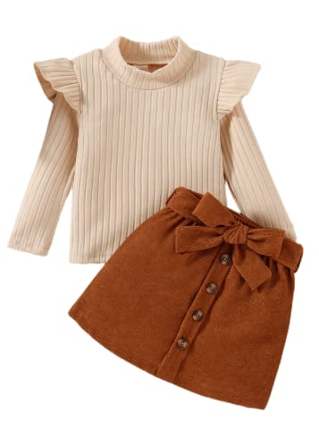 Baby Mädchen Kleidung Set 2 Stück Baby Outfit Rüschen Rundhals Grubenstreifen Langarm T Shirt +Schleifenrock aus Cord (Aprikose+braun, 12-18 Monate) von ShangSRS