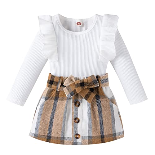 ShangSRS Babykleidung Set Baby Mädchen Kleidung Outfit 2 Stück Rüschen/Flying Sleeve Rundhalsausschnitt Langarm Top +Klassische Karierte Rock Frühling Herbst Bekleidungssets (Weiß+braun, 3-4 Jahre) von ShangSRS