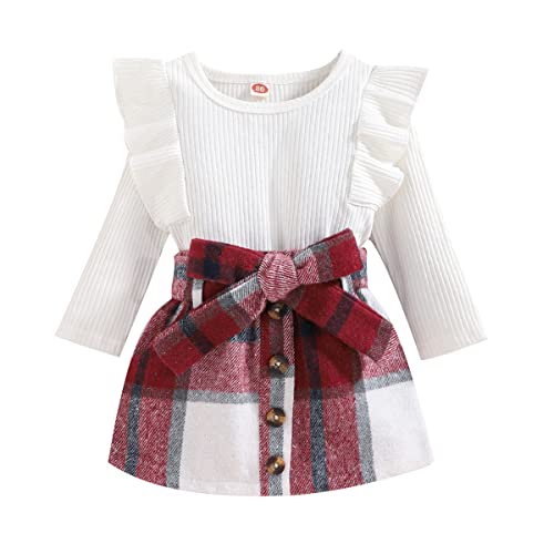 ShangSRS Babykleidung Set Baby Mädchen Kleidung Outfit 2 Stück Rüschen/Flying Sleeve Rundhalsausschnitt Langarm Top +Klassische Karierte Rock Frühling Herbst Bekleidungssets (Weiß+rot, 2-3 Jahre) von ShangSRS