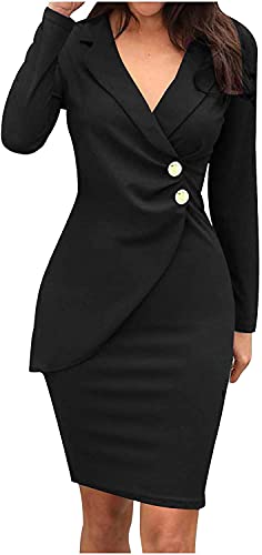 Damen Bodycon Business Kleid Lange Ärmel Knopf Elegante Geschäft Figurbetonte Knielang Kleider Festliches Cocktail Bleistiftkleid (Schwarz, L, l) von ShangSRS