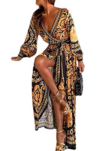 ShangSRS Damen Boho Kleid Lange ärmel Strand Wickel Kimono V Ausschnitt Maxi Kleider (L) von ShangSRS