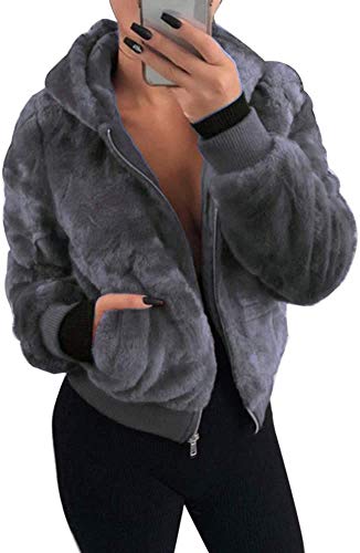 ShangSRS Damen Kapuzenjacke Kurzmantel Teddy-Fleece Mantel mit Kapuzen Reißverschluss Plüschjacke Fleecejacke Winterjacke übergangsjacke Teddyjacke Pelzmantel Kurze Coat (Dunkelgrau, L) von ShangSRS