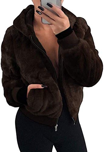 ShangSRS Damen Kapuzenjacke Kurzmantel Teddy-Fleece Mantel mit Kapuzen Reißverschluss Plüschjacke Fleecejacke Winterjacke übergangsjacke Teddyjacke Pelzmantel Kurze Coat (Dunkelkaffee, S) von ShangSRS