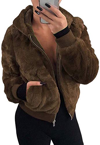 ShangSRS Damen Kapuzenjacke Kurzmantel Teddy-Fleece Mantel mit Kapuzen Reißverschluss Plüschjacke Fleecejacke Winterjacke übergangsjacke Teddyjacke Pelzmantel Kurze Coat (Kaffee, 2XL) von ShangSRS