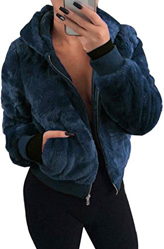 ShangSRS Damen Kapuzenjacke Kurzmantel Teddy-Fleece Mantel mit Kapuzen Reißverschluss Plüschjacke Fleecejacke Winterjacke übergangsjacke Teddyjacke Pelzmantel Kurze Coat (Königsblau, M) von ShangSRS