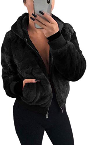 Damen Kapuzenjacke Kurzmantel Teddy-Fleece Mantel mit Kapuzen Reißverschluss Plüschjacke Fleecejacke Winterjacke übergangsjacke Teddyjacke Pelzmantel Kurze Coat (Schwarz, M) von ShangSRS