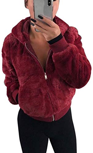 ShangSRS Damen Kapuzenjacke Kurzmantel Teddy-Fleece Mantel mit Kapuzen Reißverschluss Plüschjacke Fleecejacke Winterjacke übergangsjacke Teddyjacke Pelzmantel Kurze Coat (Weinrot, 3XL) von ShangSRS