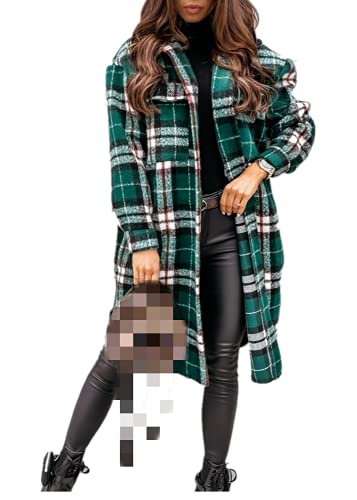 ShangSRS Damen Karierte Jacken Knöpfe Langarm Oversize Übergangsjacke Overshirt mit Karomuster Bluse Hemd Hemdjacke Boyfriend Jacke Mantel Tunika (Grün, XL) von ShangSRS