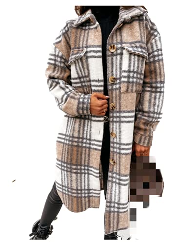 ShangSRS Damen Karierte Jacken Knöpfe Langarm Oversize Übergangsjacke Overshirt mit Karomuster Bluse Hemd Hemdjacke Boyfriend Jacke Mantel Tunika (Khaki, M) von ShangSRS