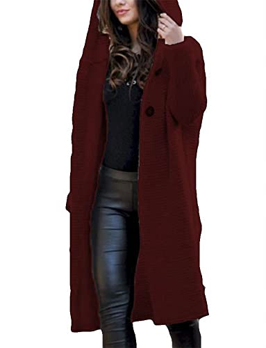 ShangSRS Damen Langarm Strickjacke Kapuzenpullover Mittellanger Mantel Casual Strickmantel (Burgund, 4XL) von ShangSRS