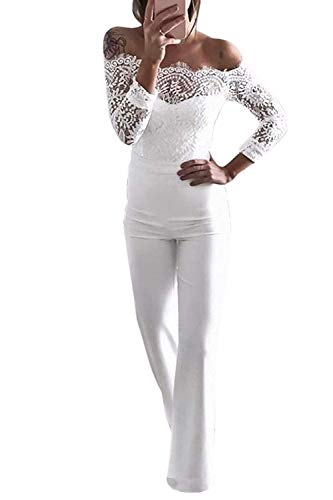 Damen Langarm mit Bindegürtel Eine Schulter Elegant Jumpsuit mit Spitze Nähte mit Schmetterlings Lang Overall Hosenanzug Playsuit (Weiß, L) von ShangSRS