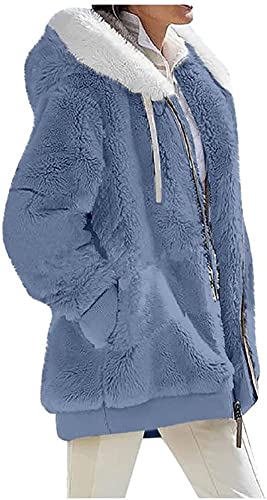 ShangSRS Damen Plüschjacke Winterjacke Pulli Sweatshirts Zip Hoodie Sport mit Tasches Einfarbig Langarm Kapuzenpullover mit Kapuze und Kordel (Blau, 3XL) von ShangSRS