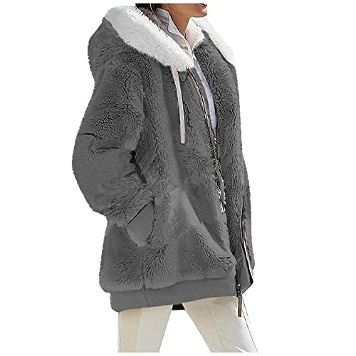 ShangSRS Damen Plüschjacke Winterjacke Pulli Sweatshirts Zip Hoodie Sport mit Tasches Einfarbig Langarm Kapuzenpullover mit Kapuze und Kordel (Dunkelgrau, S) von ShangSRS