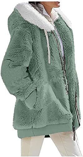 ShangSRS Damen Plüschjacke Winterjacke Pulli Sweatshirts Zip Hoodie Sport mit Tasches Einfarbig Langarm Kapuzenpullover mit Kapuze und Kordel (Grün, XL) von ShangSRS