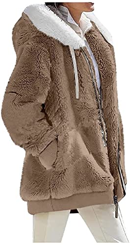 ShangSRS Damen Plüschjacke Winterjacke Pulli Sweatshirts Zip Hoodie Sport mit Tasches Einfarbig Langarm Kapuzenpullover mit Kapuze und Kordel (Khaki, L) von ShangSRS