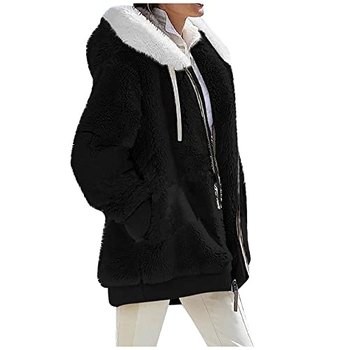 ShangSRS Damen Plüschjacke Winterjacke Pulli Sweatshirts Zip Hoodie Sport mit Tasches Einfarbig Langarm Kapuzenpullover mit Kapuze und Kordel (Schwarz, 4XL) von ShangSRS