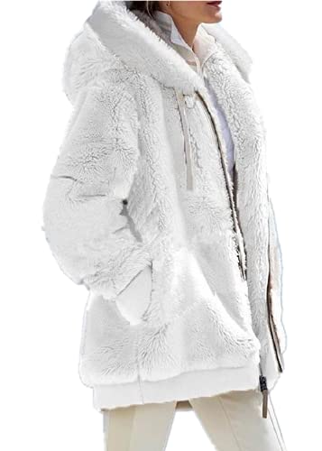 ShangSRS Damen Plüschjacke Winterjacke Pulli Sweatshirts Zip Hoodie Sport mit Tasches Einfarbig Langarm Kapuzenpullover mit Kapuze und Kordel (Weiß, M) von ShangSRS