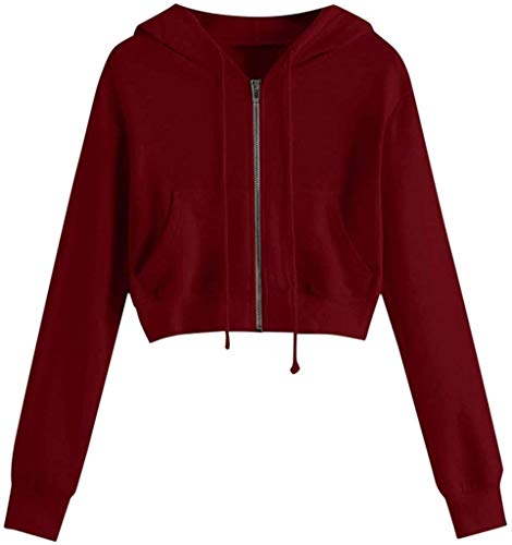 ShangSRS Damen Sweatjacke, Teenager Mädchen Bauchfrei Kapuzenpullover Langarm Kurz Hoodie Sweatshirt Crop Pullover Tops Kapuzenjacke mit Kordel und Zip Sweatjacke (Rotwein, M) von ShangSRS