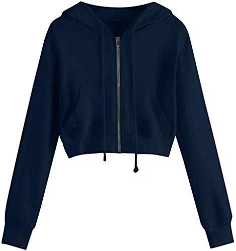 Damen Sweatjacke, Teenager Mädchen Bauchfrei Kapuzenpullover Langarm Kurz Hoodie Sweatshirt Crop Pullover Tops Kapuzenjacke mit Kordel und Zip Sweatjacke (dunkelblau, L) von ShangSRS
