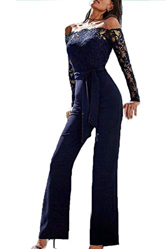 ShangSRS Elegant Damen Jumpsuit mit Spitze Nähte mit Schmetterlings Lang Jumpsuit Playsuit Party (Dunkelblau, XL) von ShangSRS