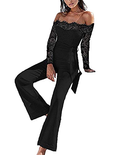 ShangSRS Elegant Damen Jumpsuit mit Spitze Nähte mit Schmetterlings Lang Jumpsuit Playsuit Party (Schwarz, XL) von ShangSRS