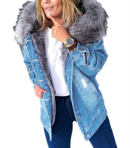 ShangSRS Jeansjacke Damen mit Kapuze Plus Flauschkragen Frauen Jean Mantel Plus Samt Jeansjacke (Hellblau, M) von ShangSRS