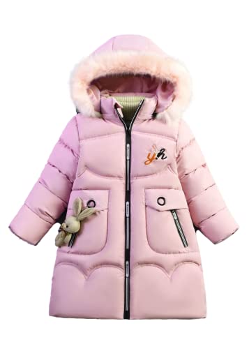 ShangSRS Mädchen Lange Winterjacke Kinder Wintermantel Mit Falsch Fellkapuze Daunenjacke mit Cartoon-Daunen Warm Jacke (Rosa, 110) von ShangSRS