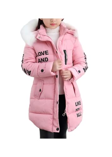 ShangSRS Mantel Mädchen mit Fellkapuze Lang Wattierte Jacke mit Buchstaben, Winterjacke Girl mit Pelzmütze Oberbekleidung Kinderjacke (Pink, 120) von ShangSRS