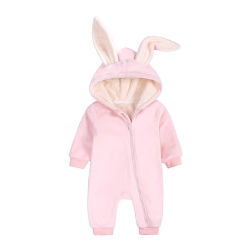 ShangSRS Neugeborene Baby Jungen Mädchen Unisex Strampler Overall Baumwolle Kaninchenohr Langarm Reißverschluss Onesies Bodys Einteiler Häschen Bodysuit (0-3 Monate, Äußeres Plüsch-Rosa) von ShangSRS