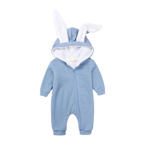 ShangSRS Neugeborene Baby Jungen Mädchen Unisex Strampler Overall Baumwolle Kaninchenohr Langarm Reißverschluss Onesies Bodys Einteiler Häschen Bodysuit (12-18 Monate, Futter Plüsch-Blau) von ShangSRS