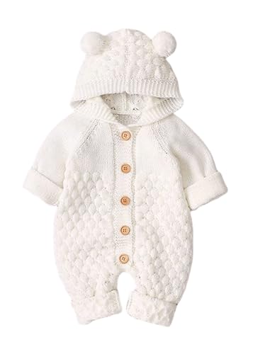 Neugeborenes Kleinkind Baby Mädchen Jungen Gestrickt Strampler Overall mit Kapuze Jumpsuit mit Süßen Ohren Bodysuit Warm Outfits Geschenk (0-3 Monate, Beige) von ShangSRS