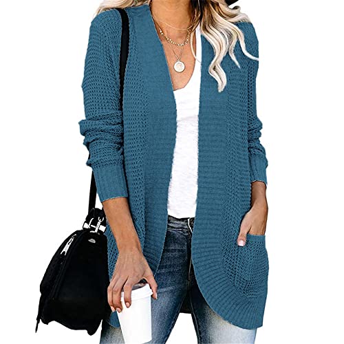 ShangSRS Strickjacke Damen, Lang Einfarbige Strickcardigan, Damen Herbst Winter Geschwungene Strickmantel, Casual Langarm Open Front Sweater Cardigan Outwear mit Tasche (Seeblau, XL) von ShangSRS