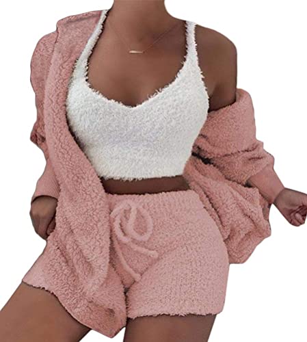 Winter Frühling Pyjamas Damen Dreiteilig Ensembles de Pyjama Warm Coral Fleece Samt Nachtwäsche Kapuzenpullover Jacke Tanktop und Shorts Anzug (S, Rosa) von ShangSRS
