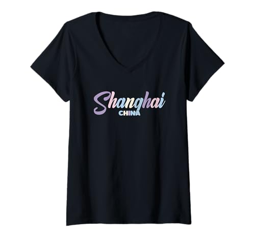 Damen Shanghai China Bunte Retro Typografie T-Shirt mit V-Ausschnitt Damen Shanghai China Bunte Retro Typografie T-Shirt mit V-Ausschnitt von Shanghai China Urban Adventure Travel