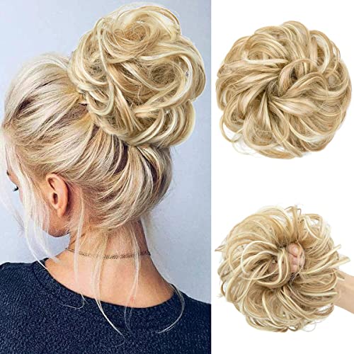 Dutt Haarteil Haargummi Mit Haaren Gelockt Messy Bun Haarteil mit Gummiband Synthetisch Haardutt Hochsteckfrisuren Haarverlängerung für Damen Mädchen (27H613 (Erdbeerblond & Blond bleichen)) von Shangxiu
