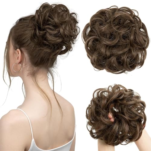 haarteil dutt Haargummi Mit Haaren Gelockt Messy Bun Haarteil mit Gummiband Synthetisch Pferdeschwanz Haarteile für Damen Mädchen (#10 Hellbraun) von Shangxiu