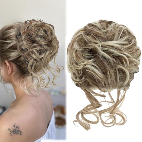 Dutt Haarteil Haargummi Mit Haaren Gelockt Messy Bun Haarteil mit Gummiband Synthetisch Haarverlängerung Pferdeschwanz Haarteile für Damen Mädchen (12H613 (Mittelbraun Mischen Erdbeerblond)) von Shangxiu